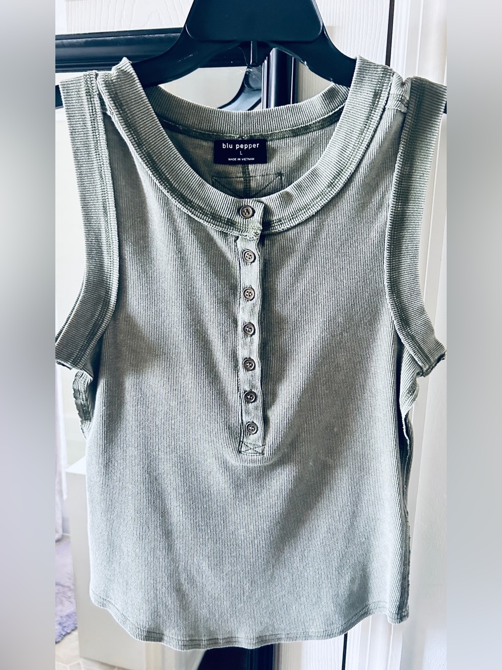 Blu Pepper Ribbed Sage Green Henley Tank with Button Placket